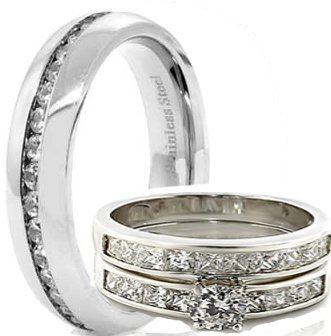 3 Pieces His & Hers, Men's and Women's Stainless Steel Engagement Wedding Band Ring Set, AVAILABLE SIZES men's 8,9,10,11,12; women's set: 6.