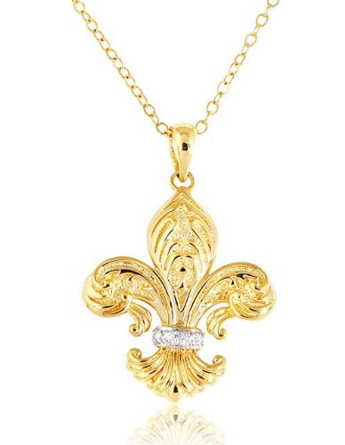 Gold Over Sterling Silver and Diamond Accent Matte Finish Fleur De Lis Pendant