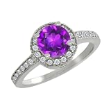 1.05 Ct Round Purple Amethyst White Diamond 18K White Gold Ring