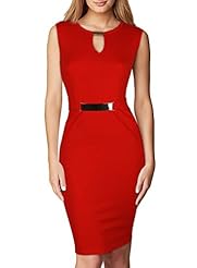 Sleeveless Scoop Neck Nylon Above the Knee Belted Peplum Keyhole Bodycon Dress/Evening Dress/Wedding Party Dress/Midi Dress 