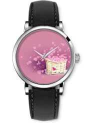 SPRAWL Aanalog Fashion Series Silver Ladies Watches of Genuine Black Leather Strap,Unique Wrist Watch for Women Girls Designed with Basket of Hearts