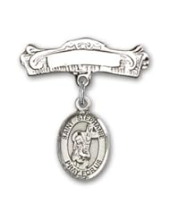 Sterling Silver Baby Badge with St. Stephanie Charm and Arched Polished Badge Pin