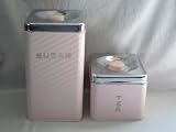 Set of 2 - Vintage Retro Lincoln BeautyWare Pink Tea/ Sugar Metal Storage Canisters