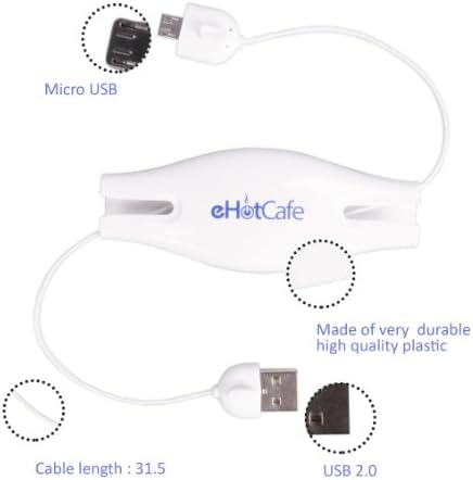 eHotCafe Micro USB Retractable Cell Phone Sync and Charging Cable 2.5 ft (White)