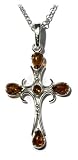 Sterling Silver Honey Amber Gothic Cross Pendant on Rolo Chain, 18"