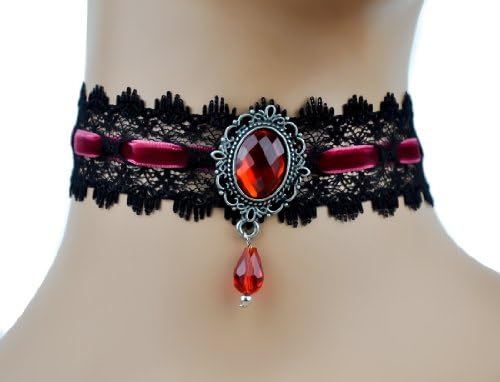 Victorian Lace Choker with Red Stone &amp; Velvet Ribbon