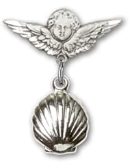 Sterling Silver Baby Badge with Shell Charm and Angel w/Wings Badge Pin