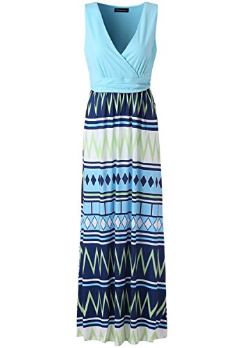 Zattcas Womens Bohemian Sleeveless V neck Empire Waist Striped Maxi Dress