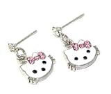 Gorgeous Enameled Kitty Pink Crystal Bow Stud & Dangle Earrings White Gold Overlay 1 2 Diameter