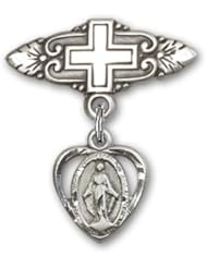 Sterling Silver Baby Badge with Miraculous Charm and Badge Pin with Cross