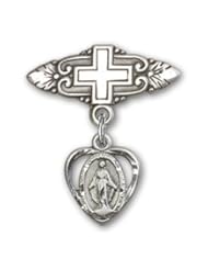 Sterling Silver Baby Badge with Miraculous Charm and Badge Pin with Cross