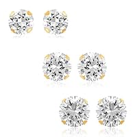 10k Yellow Gold 5mm, 6mm and 7mm White Cubic Zirconia Stud Earrings in Red Gift Box, Set of 3