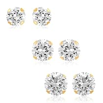 10k Yellow Gold 5mm, 6mm and 7mm White Cubic Zirconia Stud Earrings in Red Gift Box, Set of 3