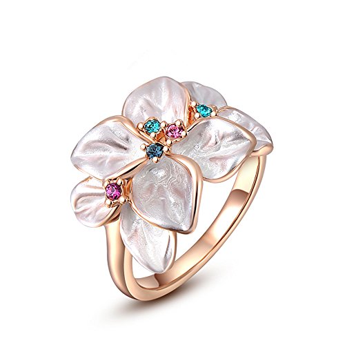 ROXI Platinum / Rose Gold Plated White Enamel Flower & Multi-Color Crystal Cocktail Ring with AAA Zircon, Best Gift Idea