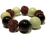 Obsidian Bracelet 21 Stretch Wood Rudraksha Seed Black Green Chunky Gemstone