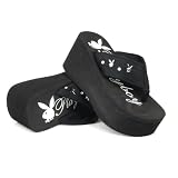 Playboy Bunny Women's Platform Wedge Thong Sandals Black , 5-10