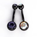 3 Pk-14G Surgical Steel Belly Rings: 2 Black Steel Double Jeweled-Purple-Crystal-1 Retainer-Gift Box