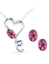 2.45 Ct Oval Pink Mystic Topaz 14K White Gold Pendant Earrings Set