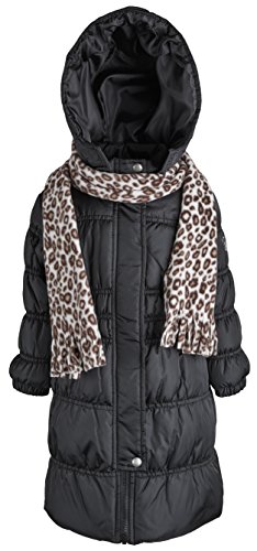 Sportoli Girls Hooded Warm Winter Long Puffer Bubble Coat with Matching Scarf