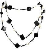 Designer Alex Carol Beautiful Triple Stranded Black Onyx Crystal and Pearl Long Fashion Necklace Black Tone