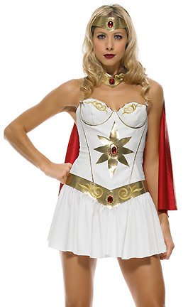 4Pc Super Hero With Underwire Dress,Cape,Head Piece,And Neck Piece (White/Gold;Large)