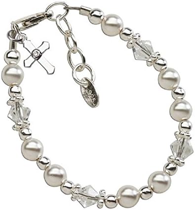Baby Girls Bracelet, This precious baptism and christening bracelet is made of Imitation Pearls with sparkling Swarovski crystals and accented with a sweet dainty cross charm (0-12 months adjustable). Celebrate these cherished moments with this keepsake she will treasure forever! Bracelet measures 4 - 4.5 inches