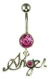 Silver Ladies Pink Cubic Zirconia Hanging Angel Body Bar