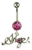 Silver Ladies Pink Cubic Zirconia Hanging Angel Body Bar