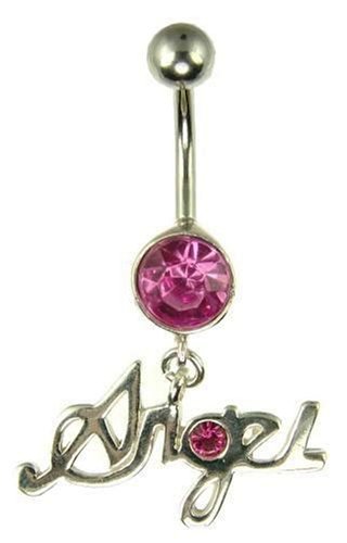Silver Ladies Pink Cubic Zirconia Hanging Angel Body Bar