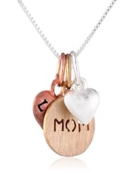 Tri-Colored Sterling Silver with Yellow and Rose Gold Flashed "Mom" and "Love" with Heart Three-Charm Necklace, 18"