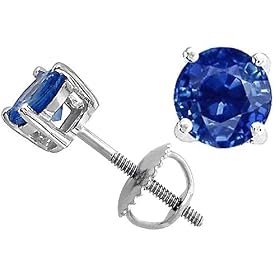 2.50 cttw Genuine 6mm Round Sapphire Earring Screw Back Studs in 14k White Gold