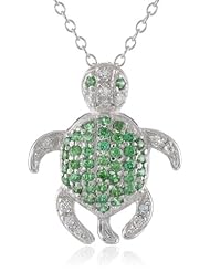 Sterling Silver White and Cubic Zirconia Light Green Simulated Diamond Turtle Pendant Necklace, 18"