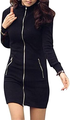 Bepei Women's Stand Collar Solid Zip-front Mini Dress Top Tunic Cardigan Jacket Black S