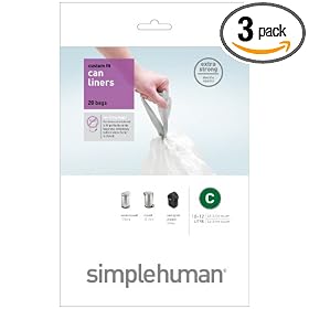 simplehuman Custom Fit Trash Can Liner C, 10-12 Liters / 2.6- 3.2 Gallons, 20-Count (Pack of 3)