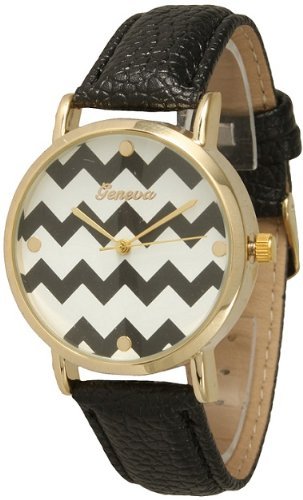 Women's Geneva Chevron Style Leather Watch - Black