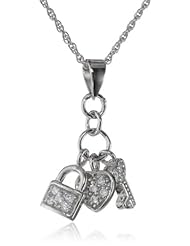 Sterling Silver Cubic Zirconia Heart, Lock and Key Pendant Necklace, 18"