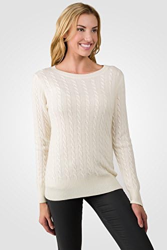 J CASHMERE Women's 100% Cashmere Long Sleeve Pullover Cable-knit Crewneck Sweater Cream Medium