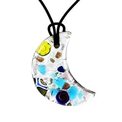 Handmade Crescent Moon Design Murano Glass Pendant - Mona Blue/Silver Style3