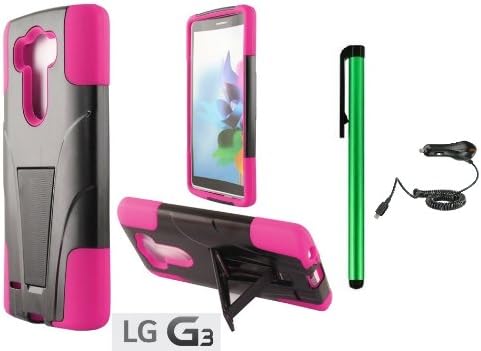 LG G3 Premium T-Stand / Side-Stand Hybrid Holster Design Protector Hard Cover Case (For 2014 LG New Flagship Android Phone) + Car Charger + 1 of New Assorted Color Metal Stylus Touch Screen Pen (PINK / BLACK)