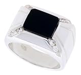 Sterling Silver Gents' Rectangular Black Onyx Ring, w/ 2 Light Grooves At each Side & 8 CZ Stones, 9/16 (14mm) wide