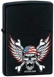 Zippo Lighter - Winged Skeleton Skull USA Red White Blue Logo Black Matte