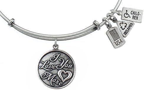 Silver Wind and & Fire I Love You More Stackable Adjustable Expandable Wire Bangle Charm Bracelet