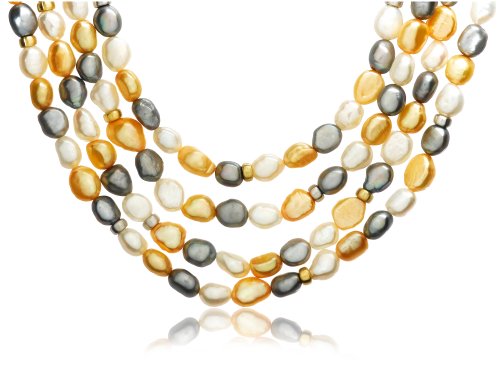 14k Yellow Gold Overlay Sterling Silver 4-Strand Dyed Multi-Color Freshwater Cultured Pearl Necklace, 17