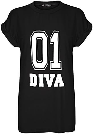 Oops Outlet Women's 01 DIVA Print Baggy Oversize Turn Up Cap Sleeve T Shirt Top S/M (US 4/6) 01 DIVA Black