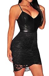 Sexy V-neck Spaghetti Strap Faux-Leather Sheer Lace-Up Club Dress/Party Dress/Mini Dress 