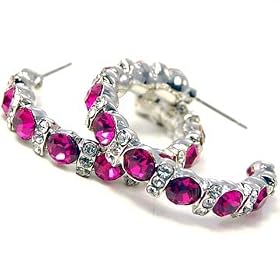 Hot Pink Rhinestone Crystal Hoop Earrings Fashion Jewelry
