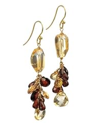 Citrine Flat Faceted Teardrop and Faceted Nugget and Garnet Flat Faceted and Teardrop with Gold Plated Sterling Silver Chain and Earwire Cluster Earrings