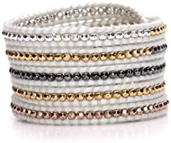 EA Mixed Nuggets on 5 Layer White Leather Wrap Bracelet