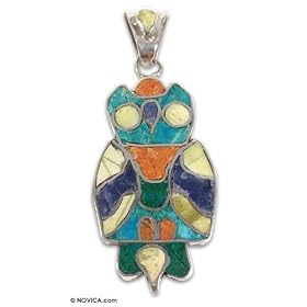 Chrysocolla and jasper pendant, 'Lucky Owl' 0.8" W 1.8" L by 