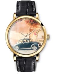 SPRAWL Aanalog Fashion Series Gold Ladies Watches of Genuine Black Leather Strap,Unique Wrist Watch for Women Girls Designed with Dark Blue Car
